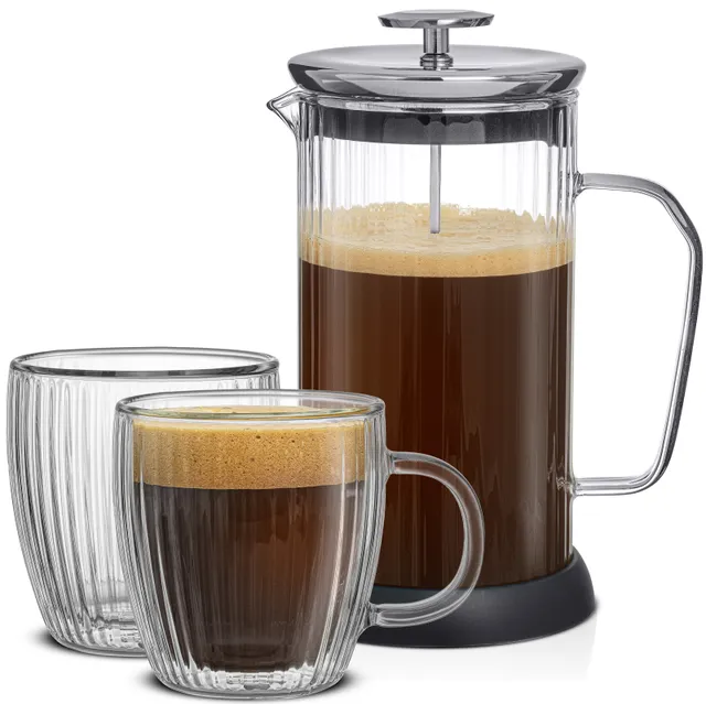 JoyJolt Fluted French Press cafetière piston 100 cl + 2 mugs 40 cl
