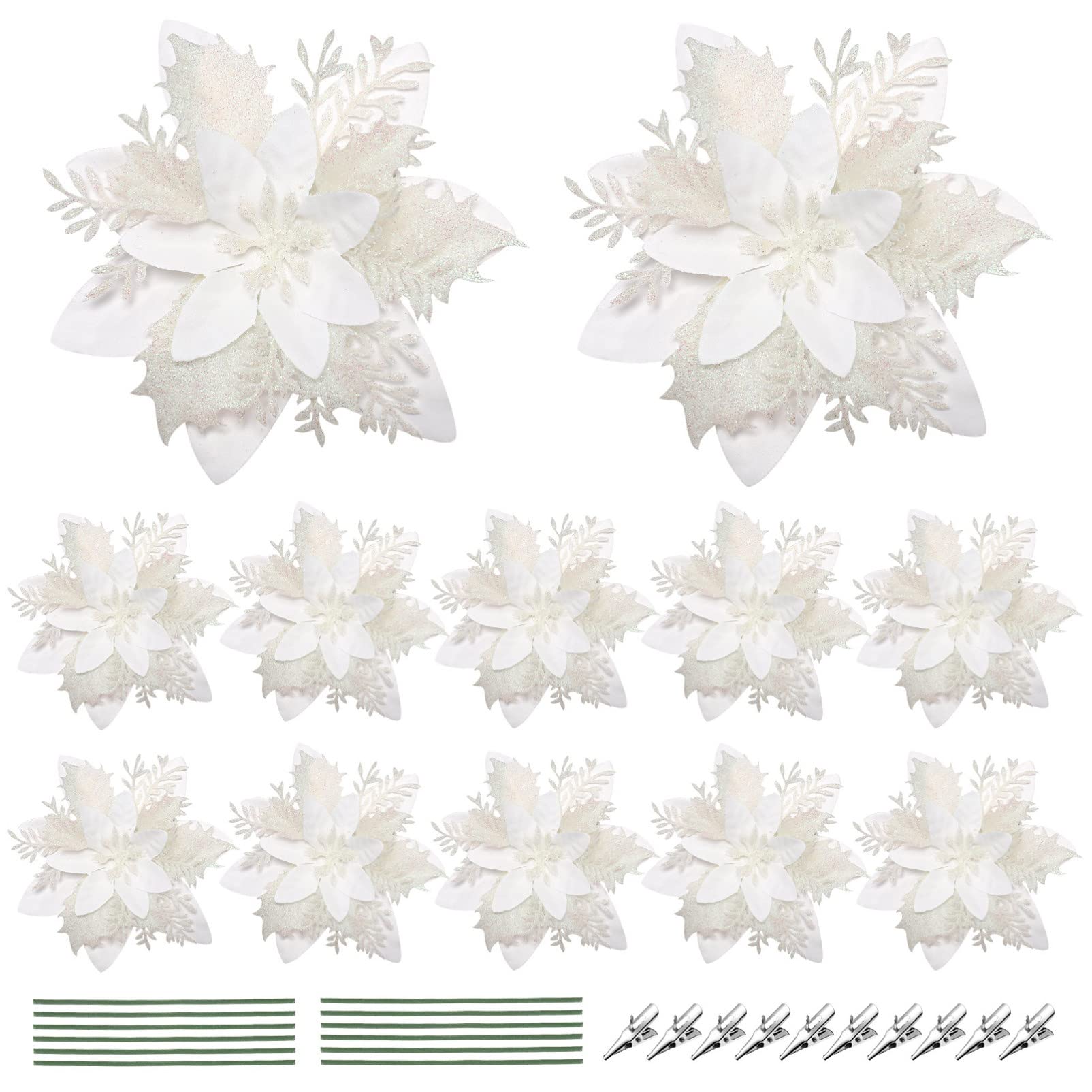 Alipis 12Pcs fleurs artificielles poinsettia blanches 12 pièces paillettes