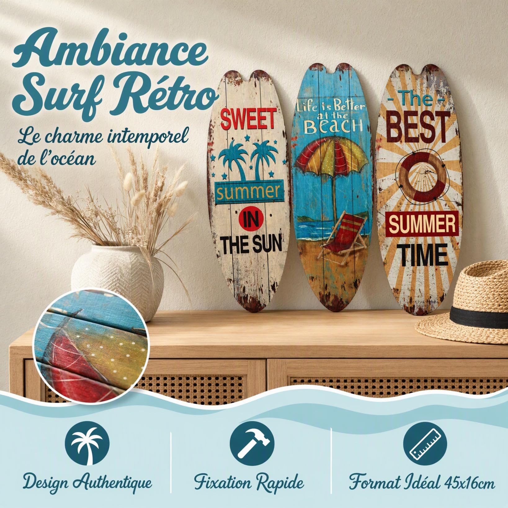 Alipis planche surf décoration murale bois lot de 3 plage