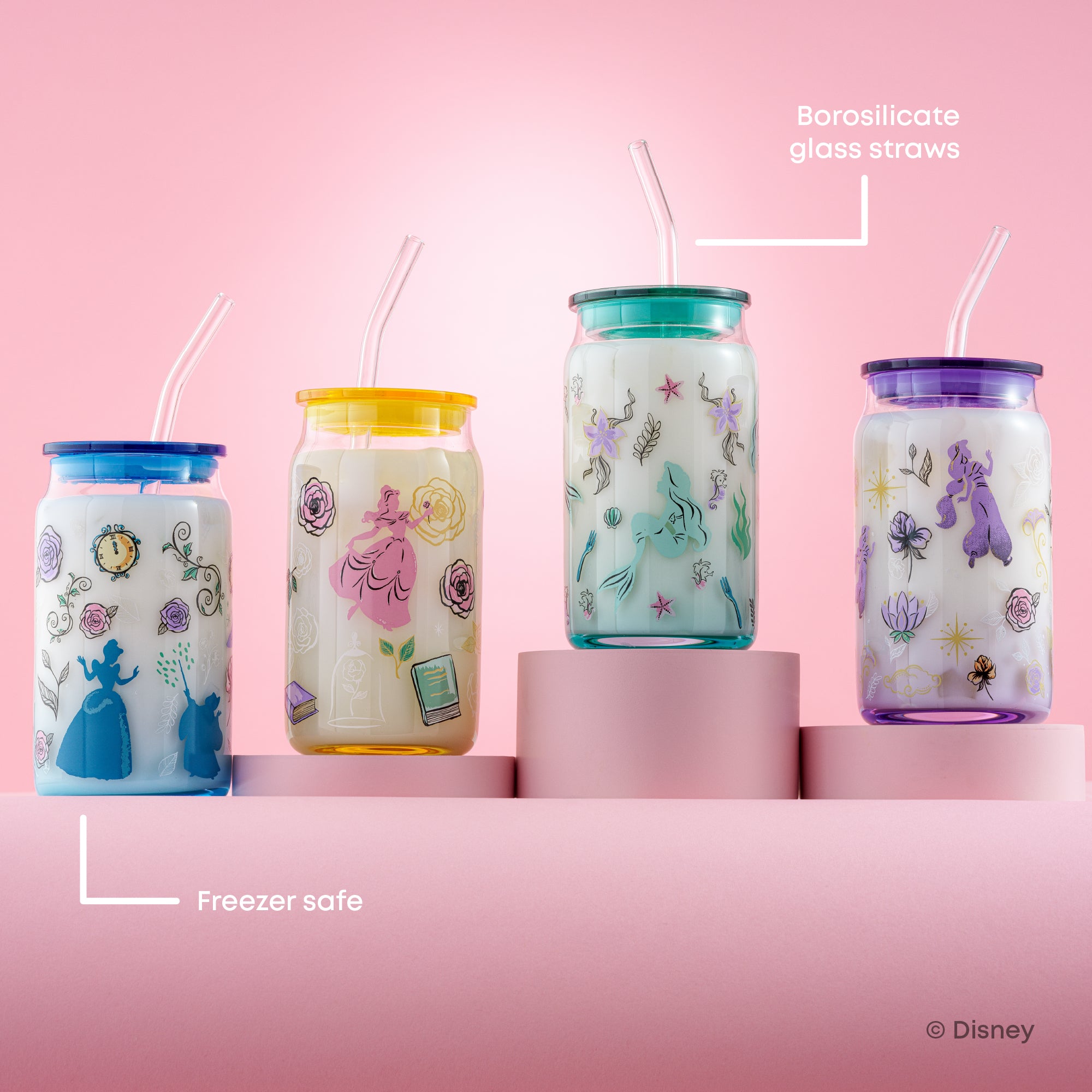 JoyJolt Disney Princess Icon tumblers verre 4x47cl avec pailles