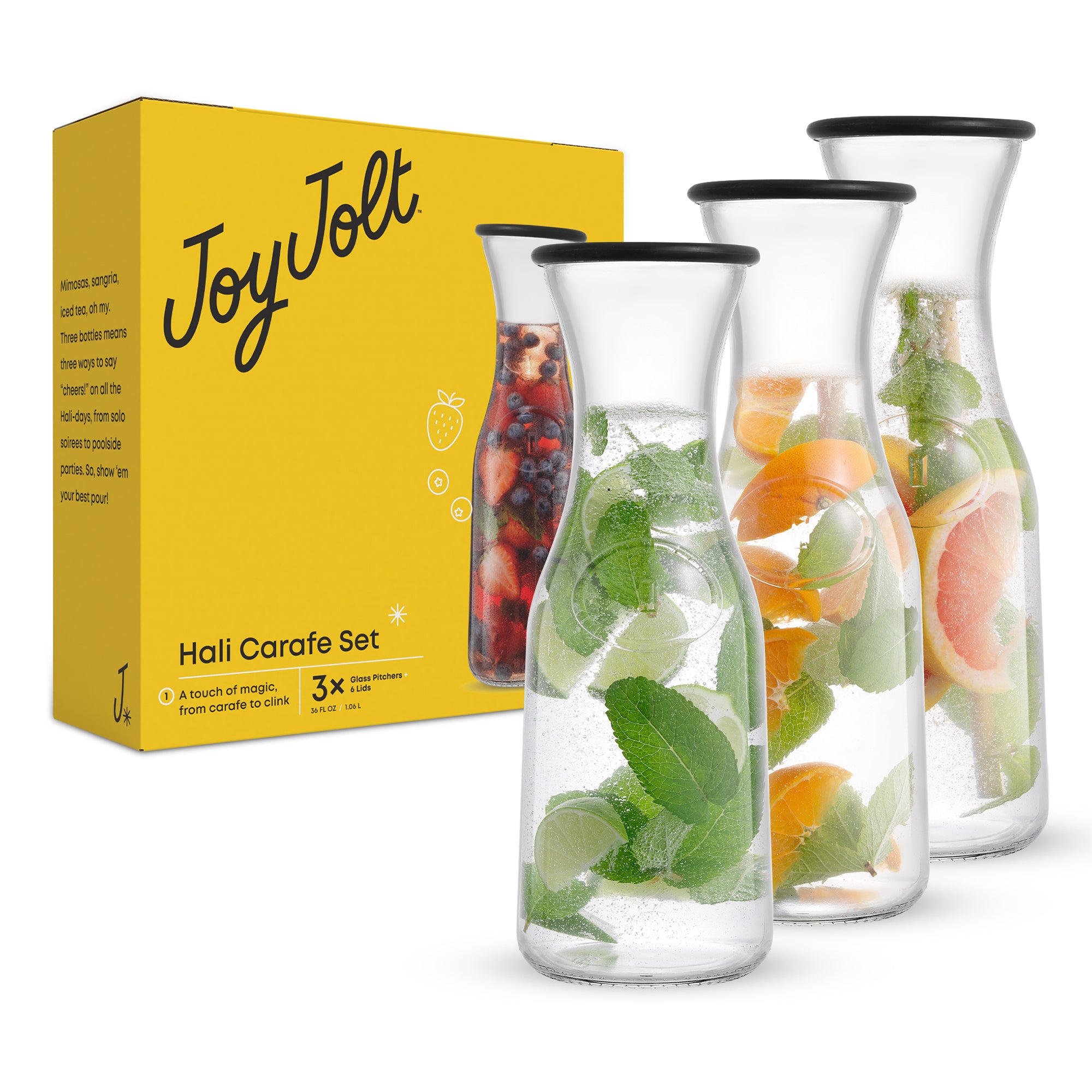 JoyJolt Hali carafes verre 106 cl lot 3 avec couvercles