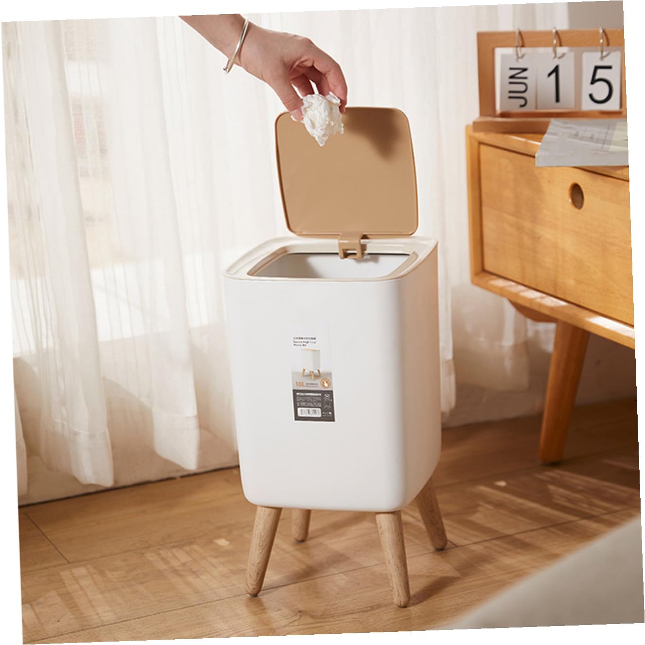 Alipis Poubelle 10L Grain Bois à Couvercle