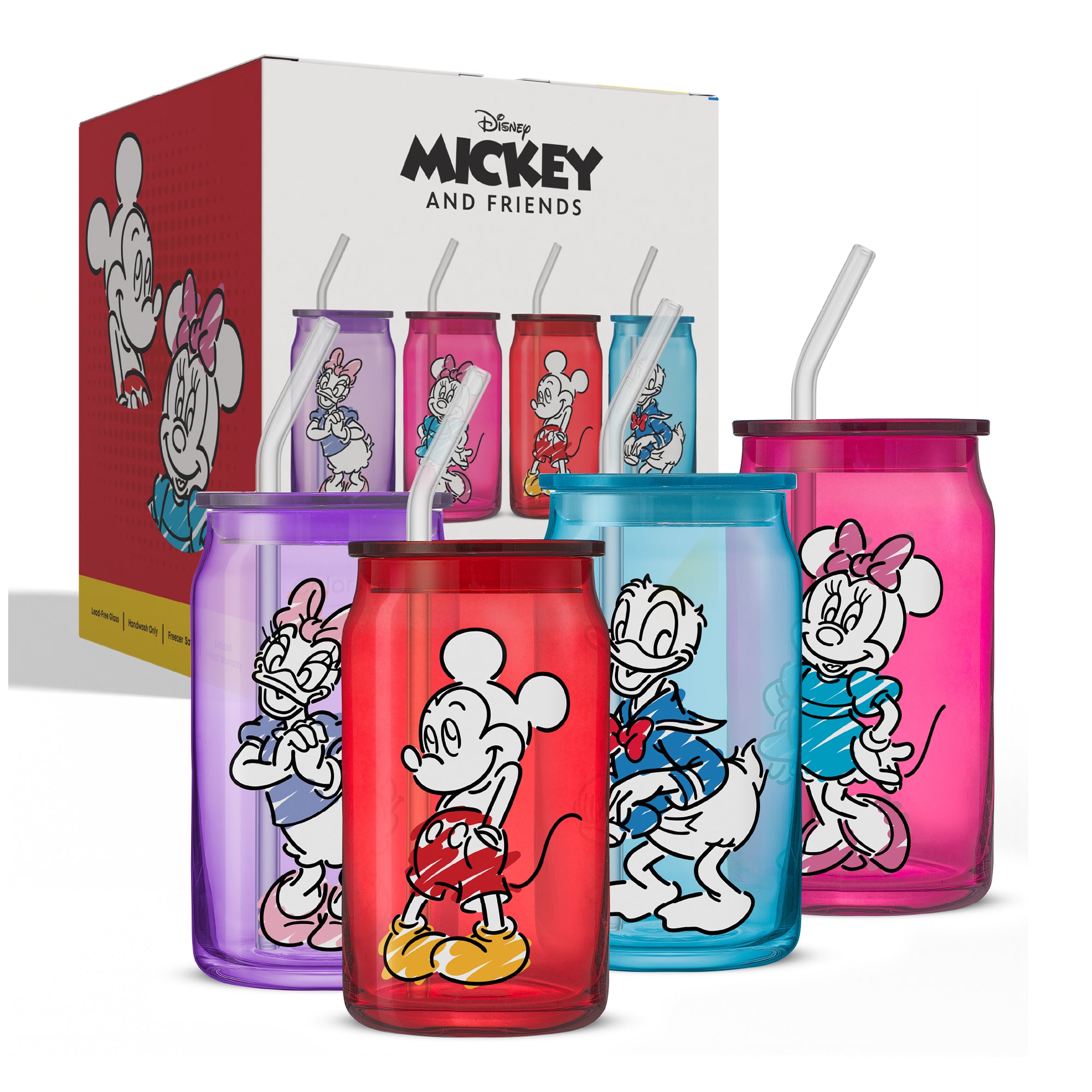 JoyJolt Mickey Mouse Friends Color Sketch gobelets lot de 4 couvercle