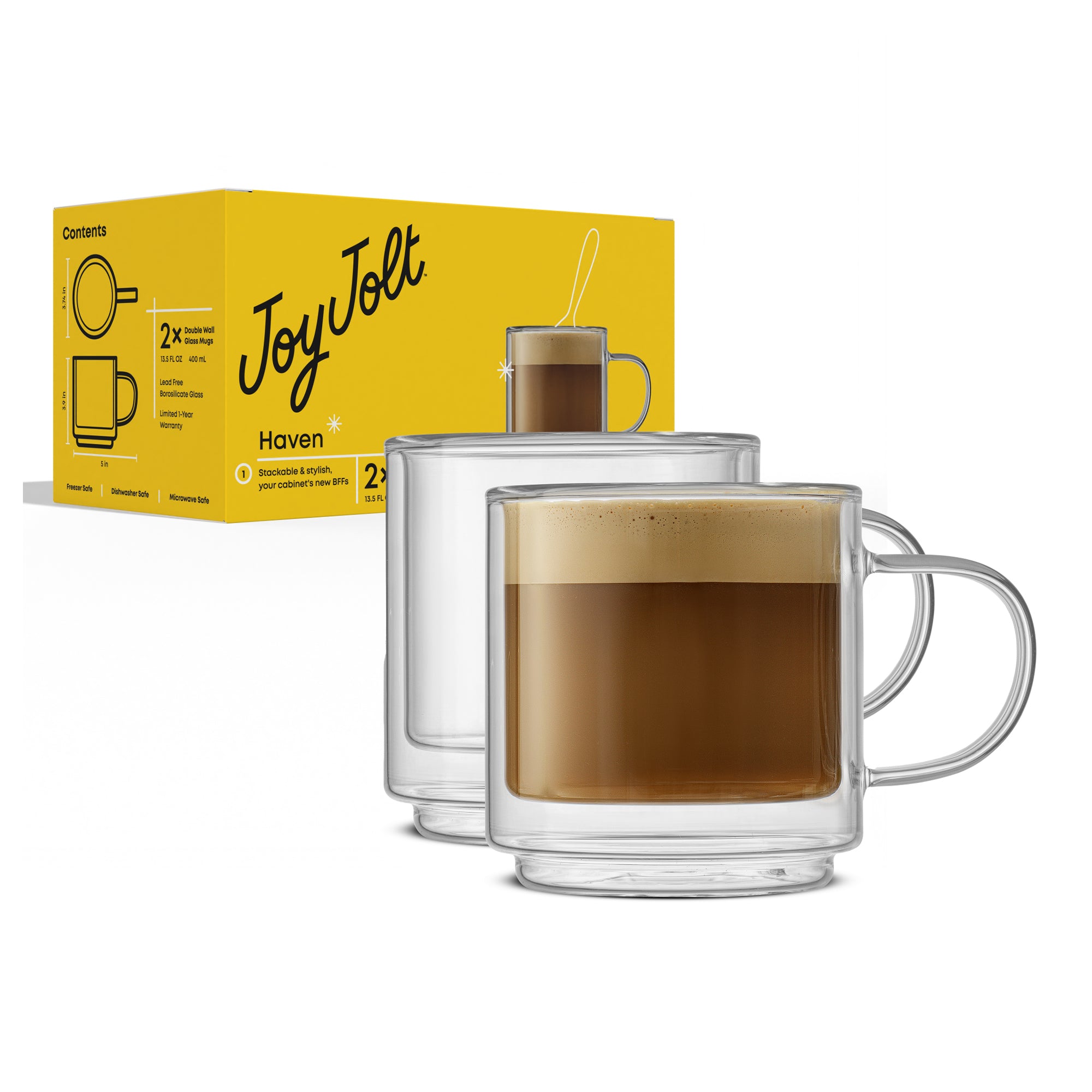 JoyJolt Haven mugs verre double paroi 2x40 cl empilables