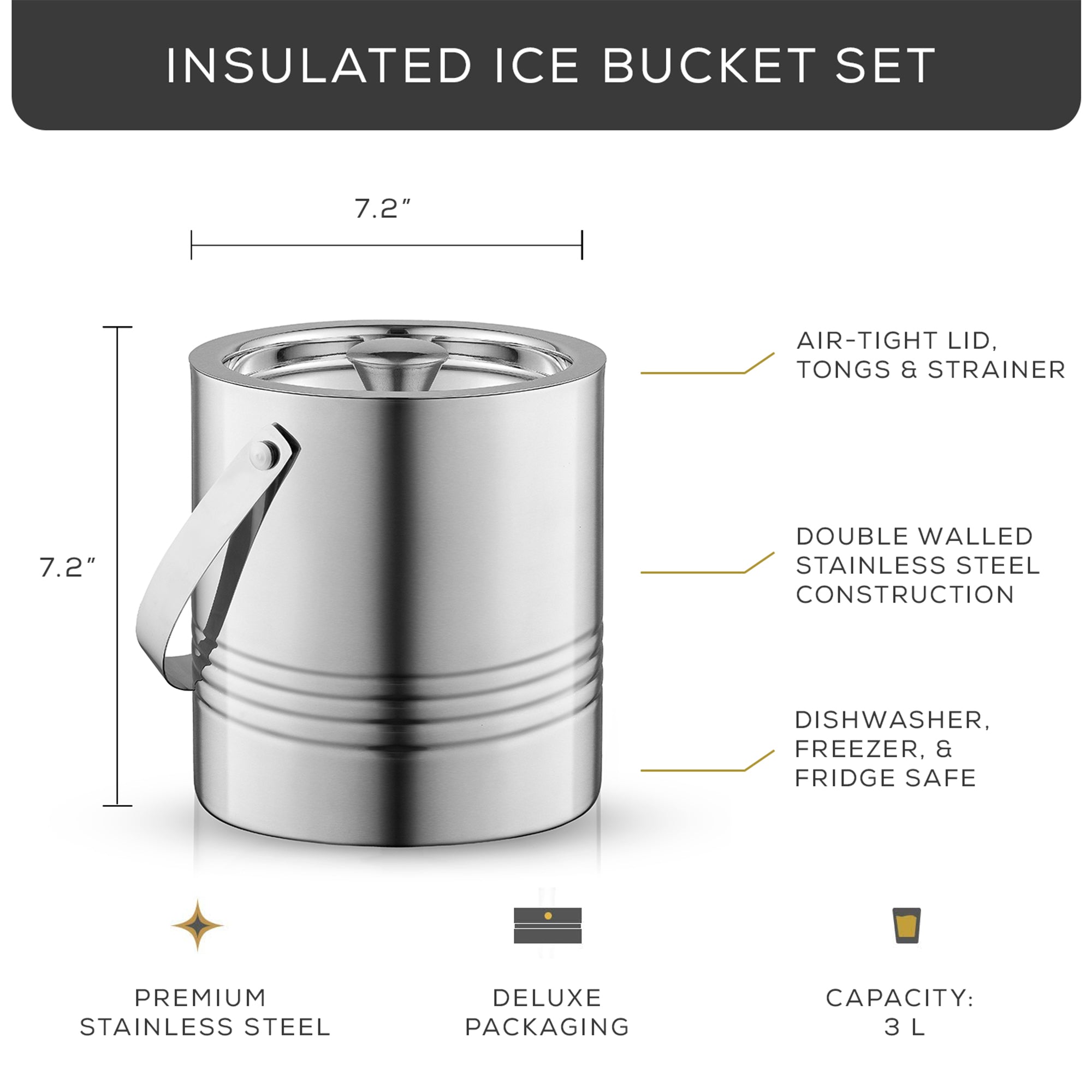 JoyJolt Seau à glace inox double paroi 3 L avec pince
