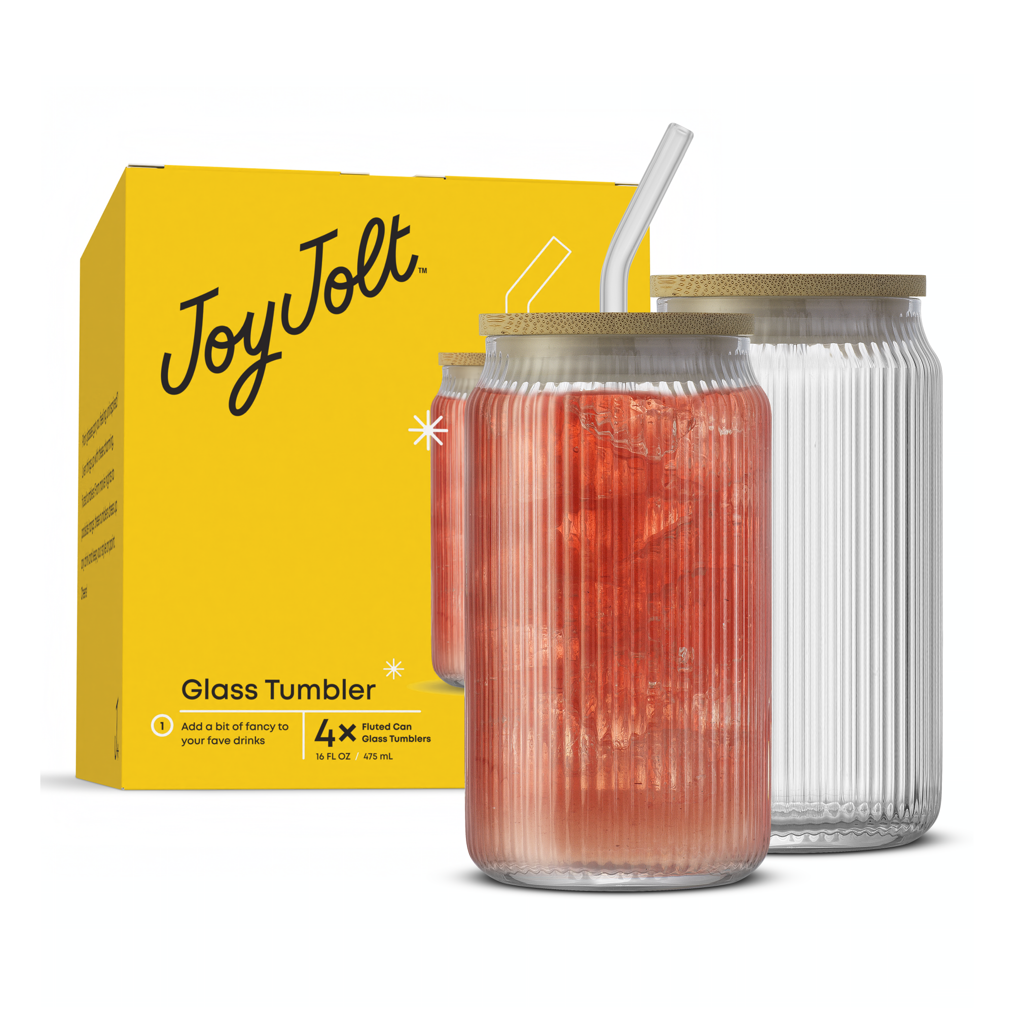 JoyJolt verre strié couvercle bambou paille 47 cl lot de 4