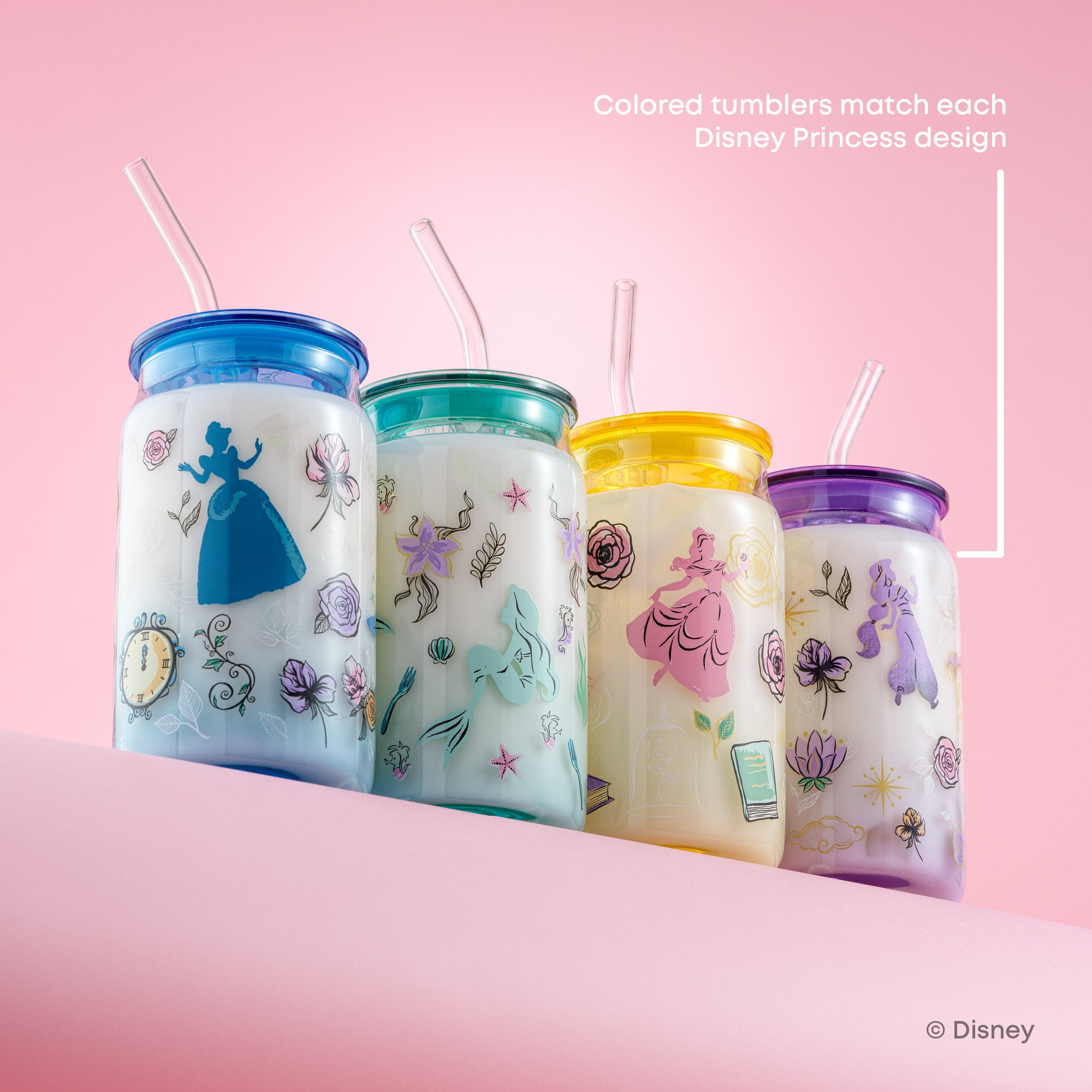 JoyJolt Disney Princess Icon tumblers verre 4x47cl avec pailles