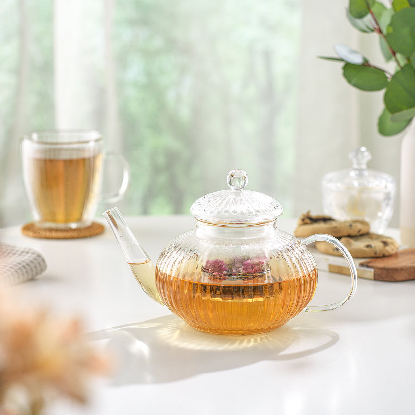 JoyJolt service à thé théière + 2 mugs 13.5 oz verre