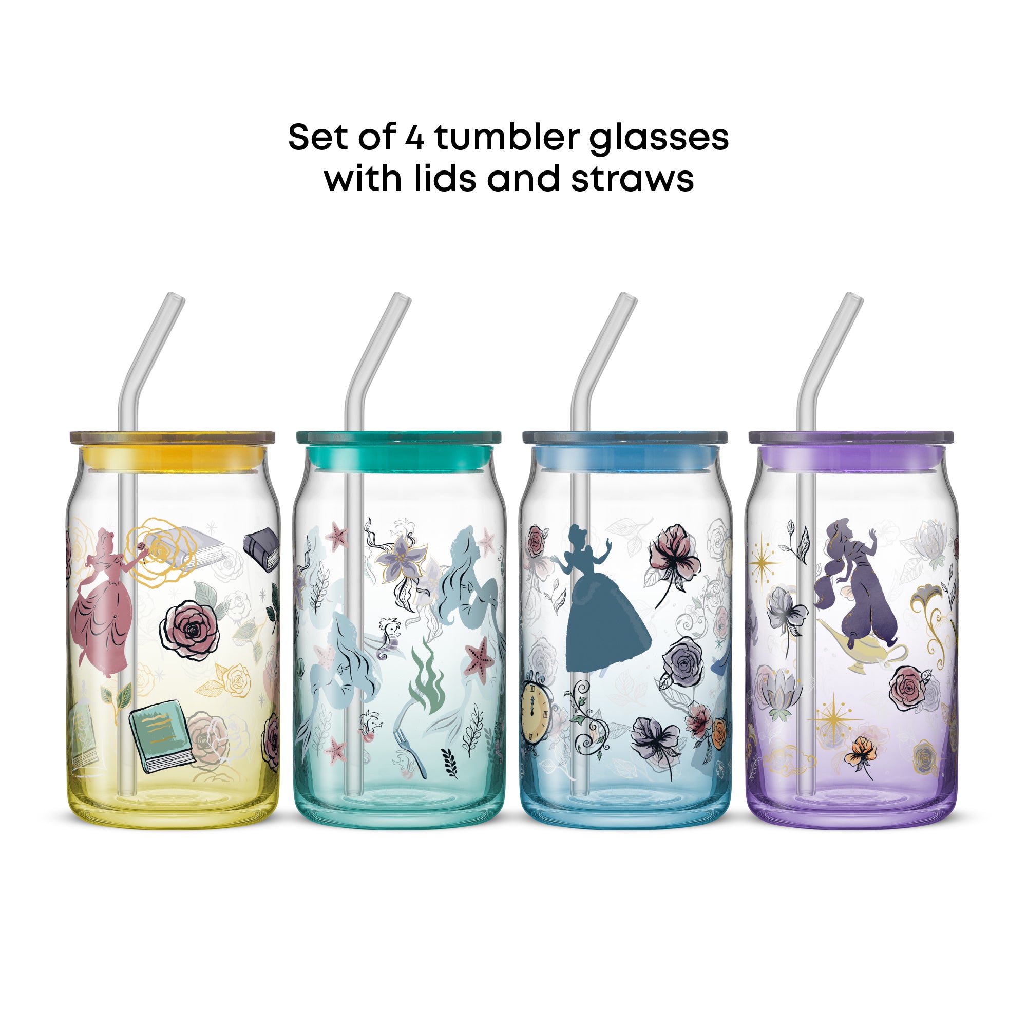 JoyJolt Disney Princess Icon tumblers verre 4x47cl avec pailles