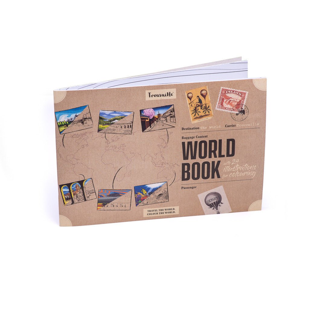 Trouvaille Global World Travel livre coloriage recyclé