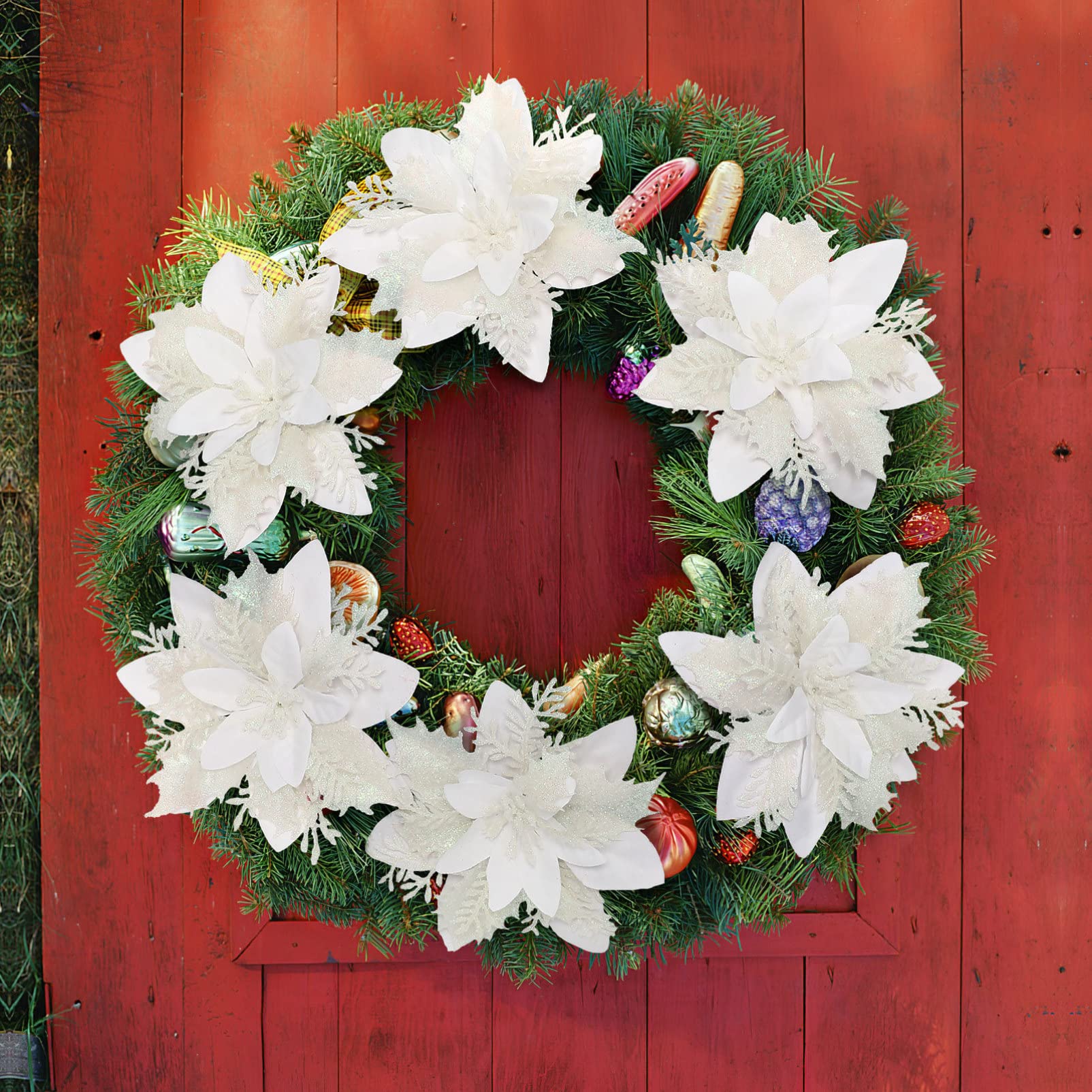 Alipis 12Pcs fleurs artificielles poinsettia blanches 12 pièces paillettes