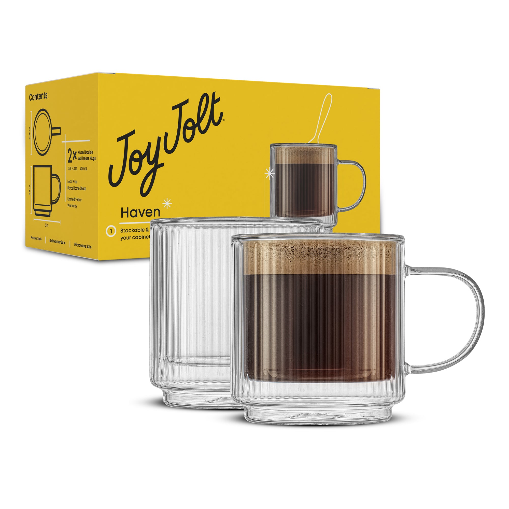 JoyJolt Haven mug verre cannelé 40 cl lot de 2 empilable