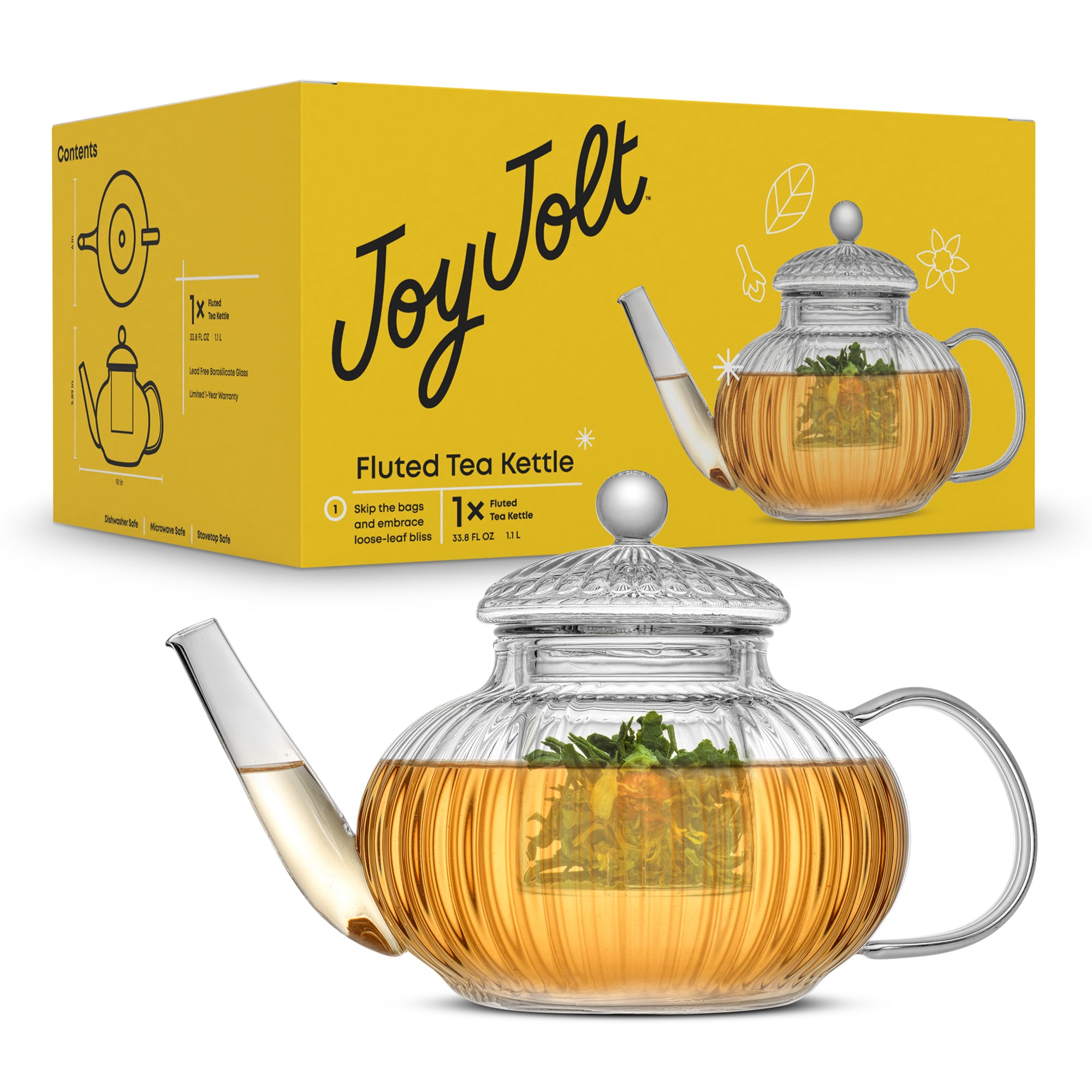 JoyJolt Fluted Théière Verre 1 L avec Infuseur Cannelée