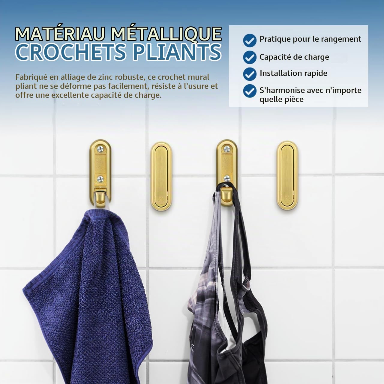 Alipis crochets adhésifs dorés pliables lot de 4