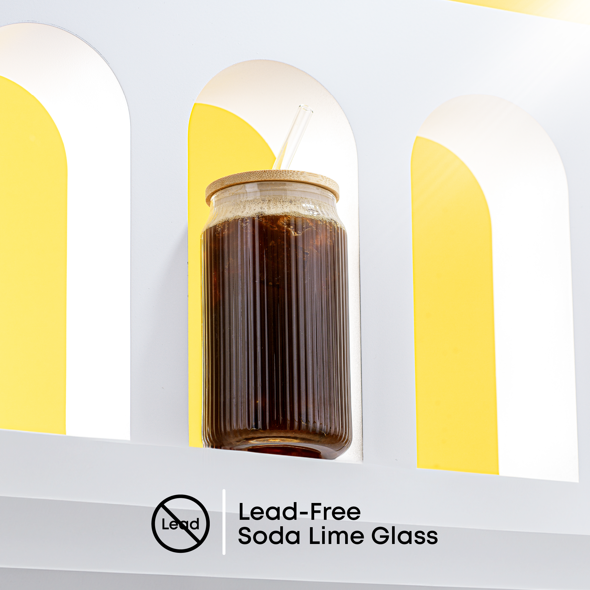 JoyJolt verre strié couvercle bambou paille 47 cl lot de 4