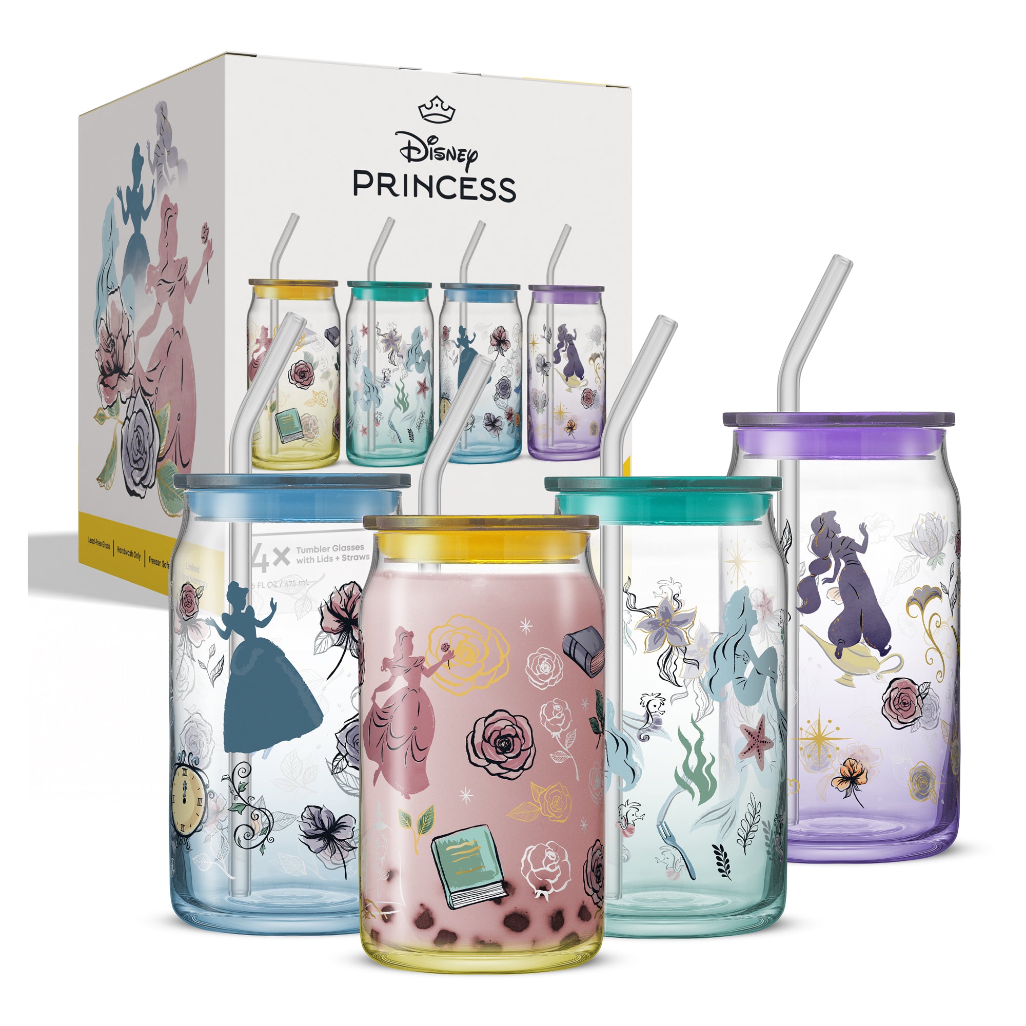 JoyJolt Disney Princess Icon tumblers verre 4x47cl avec pailles