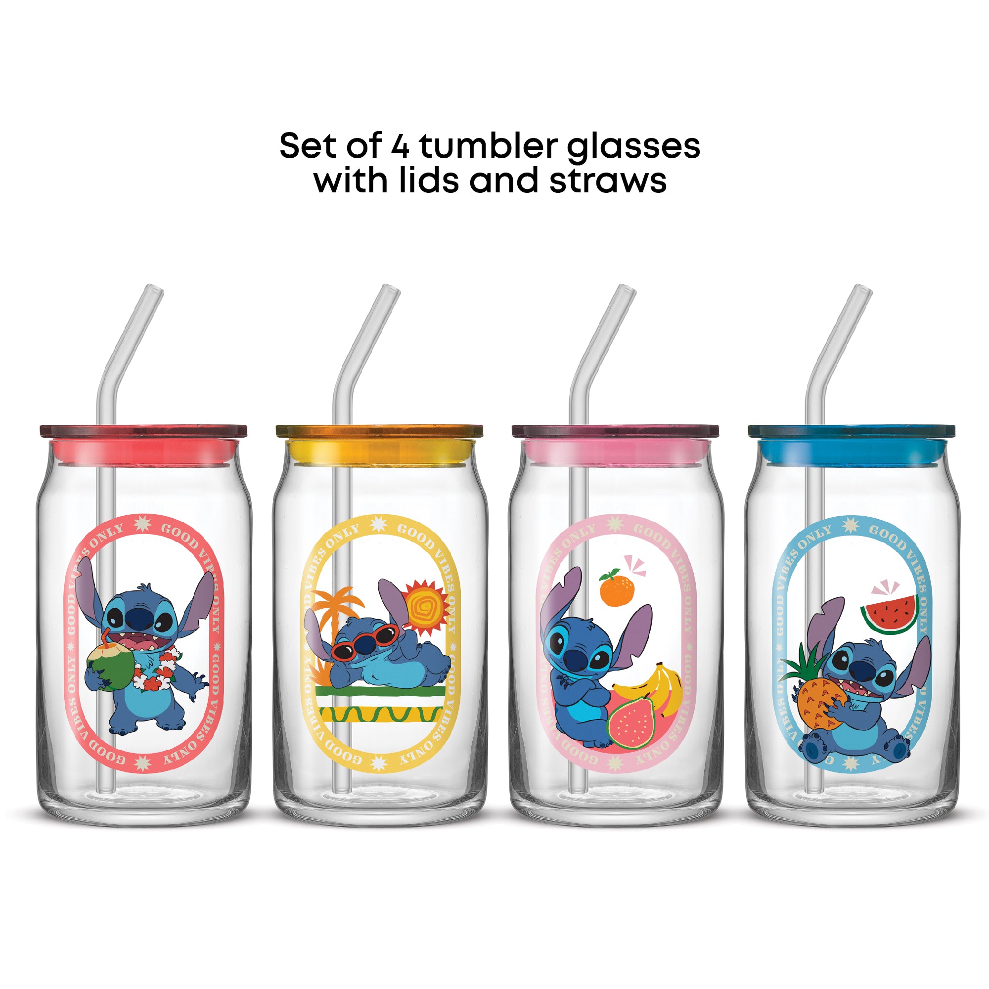 JoyJolt Stitch Island Vibes gobelets avec pailles 4x47 cl