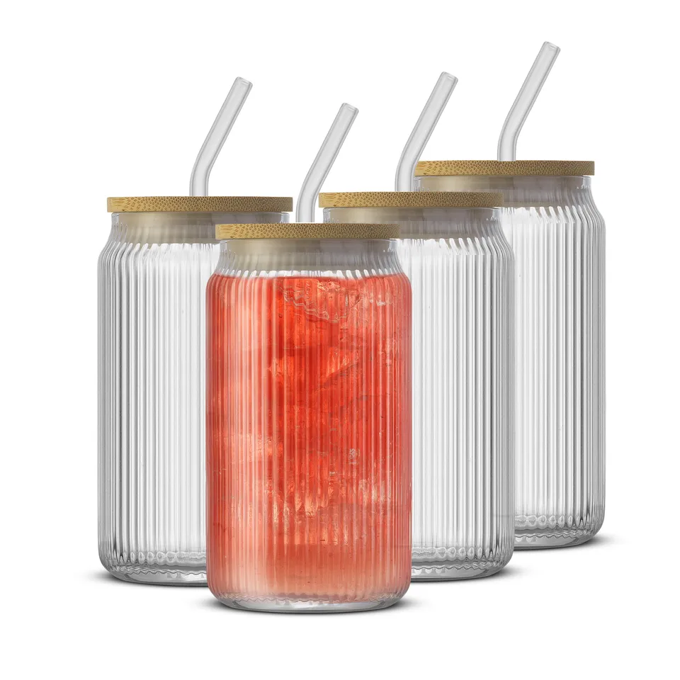 JoyJolt verre strié couvercle bambou paille 47 cl lot de 4