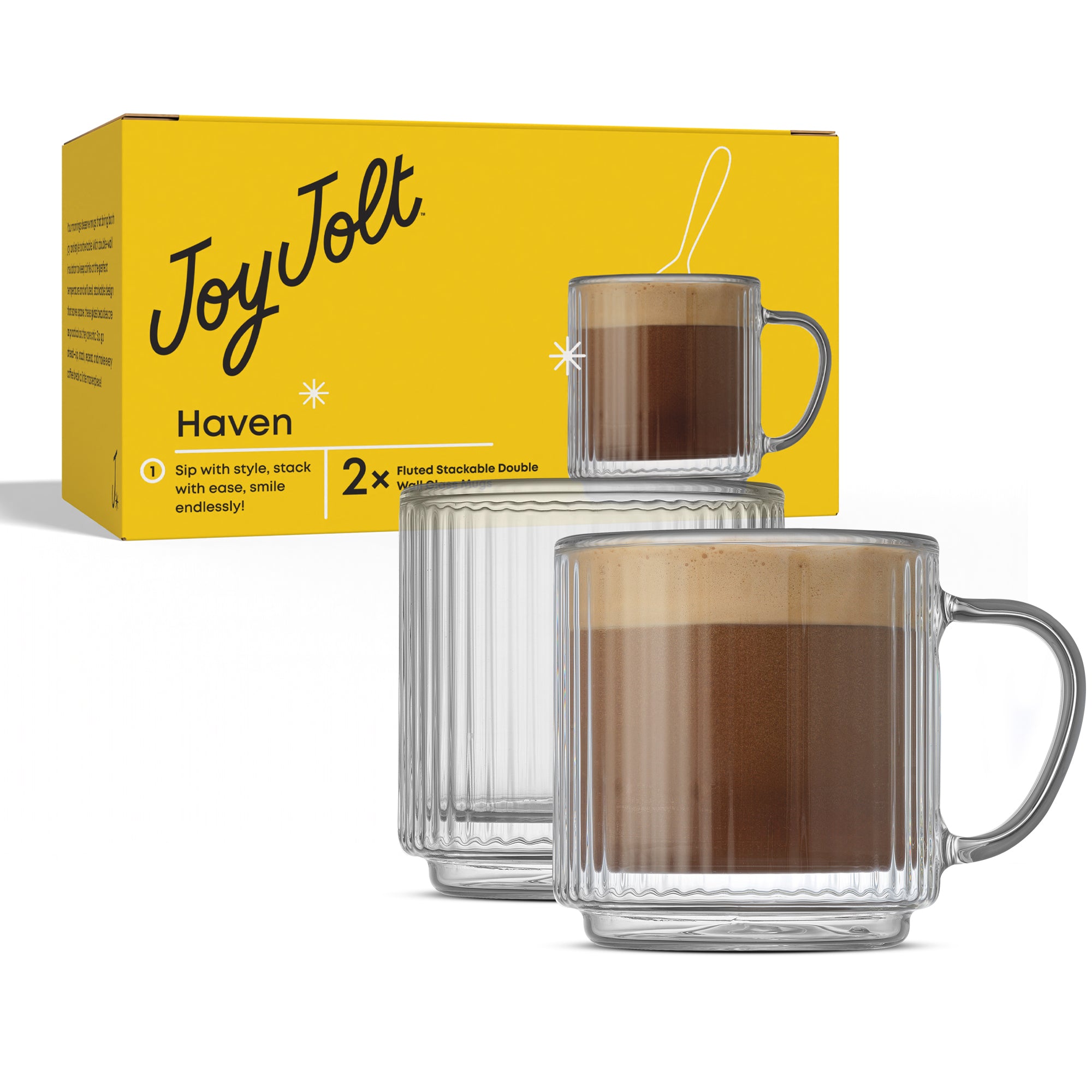 JoyJolt Haven mugs en verre 5.5 oz lot de 2 cannelé double paroi