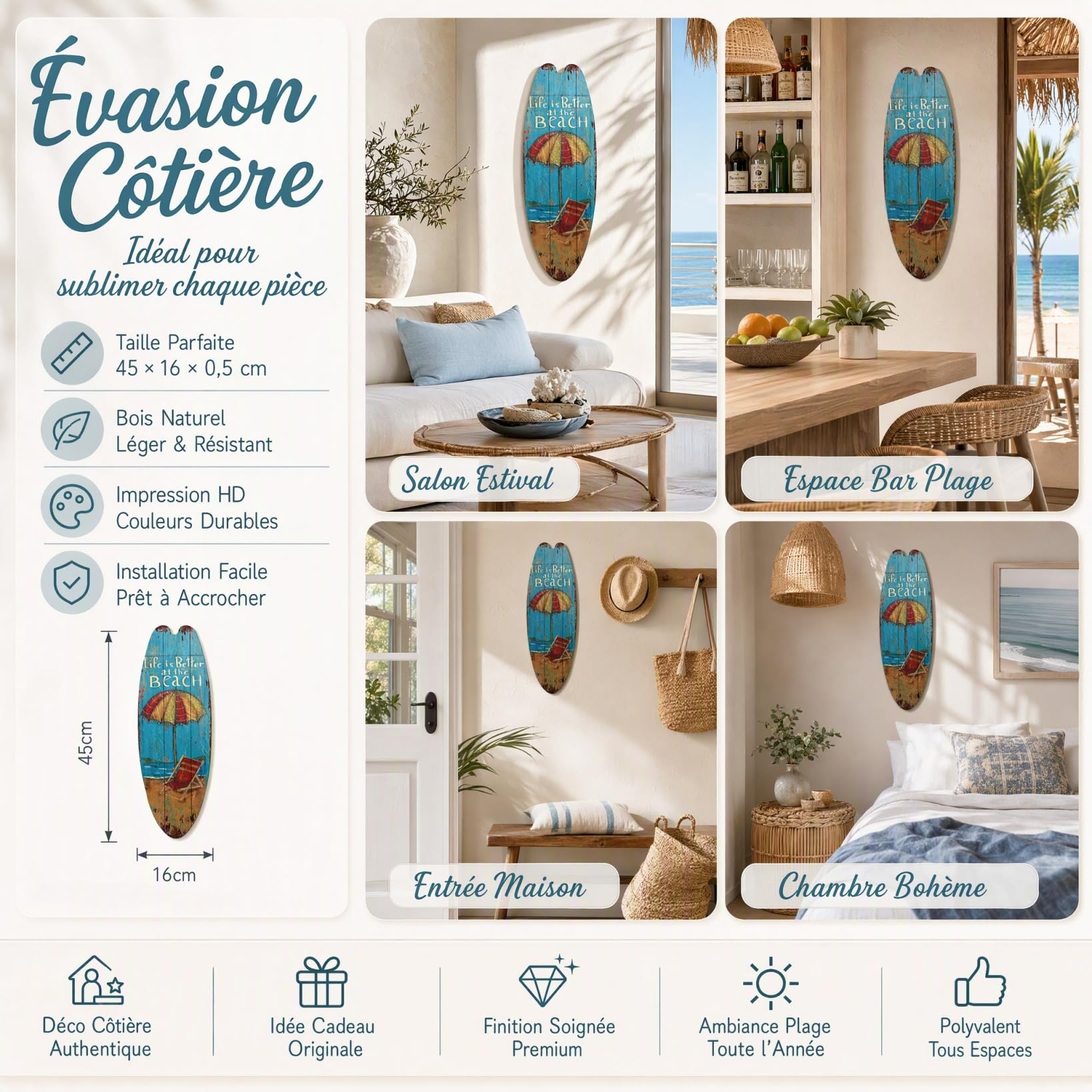 Alipis planche surf décoration murale bois lot de 3 plage