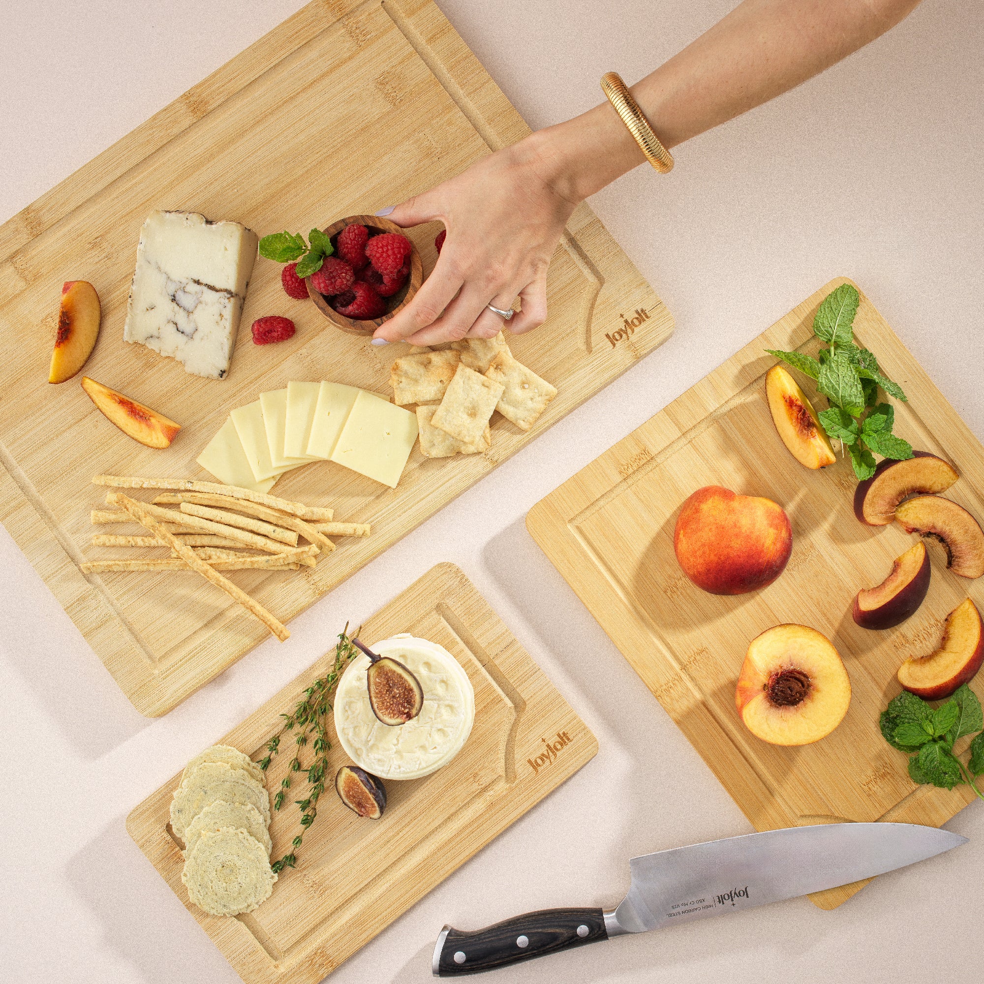 JoyJolt planches à découper bambou lot de 3 rainure jus