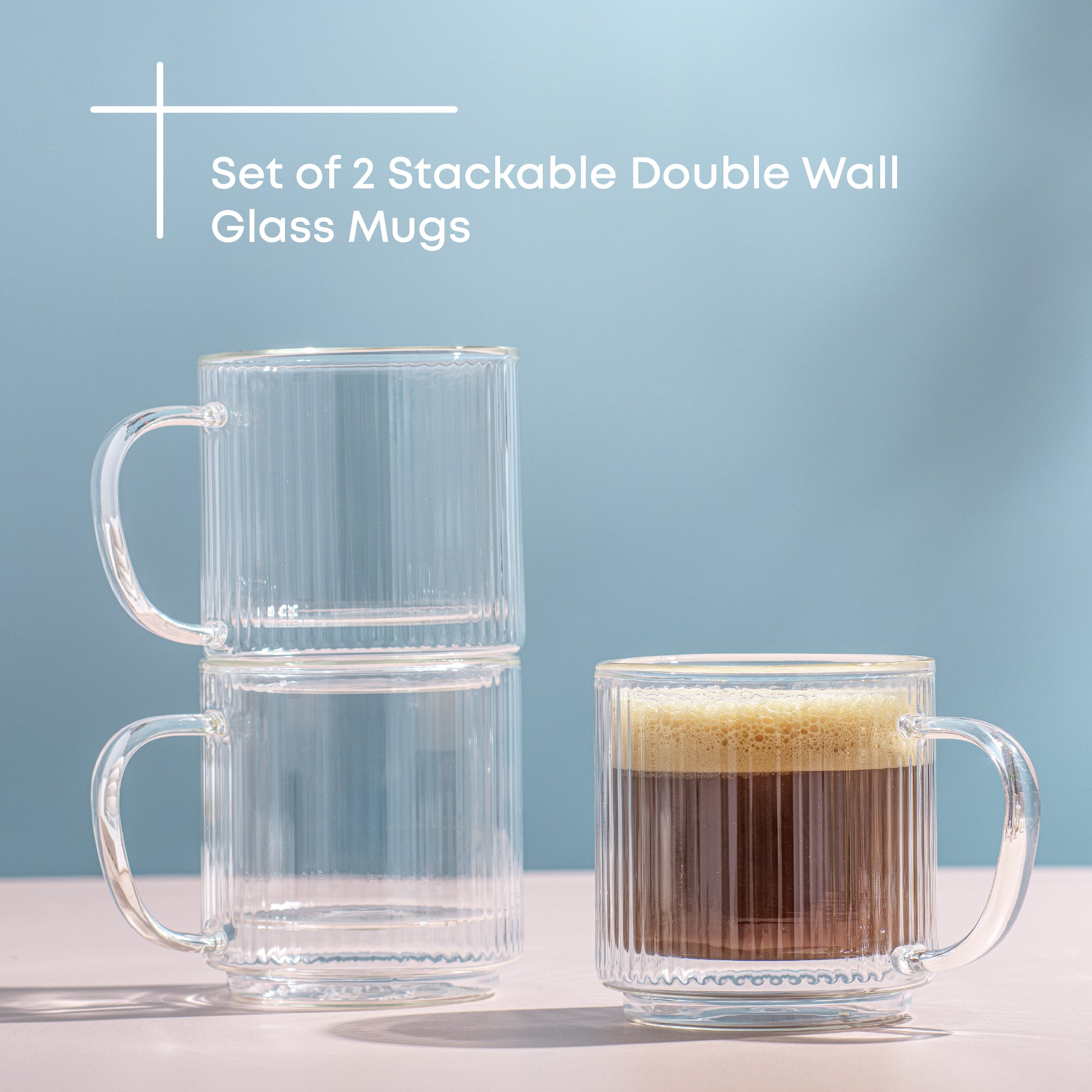 JoyJolt Haven mug verre cannelé 40 cl lot de 2 empilable