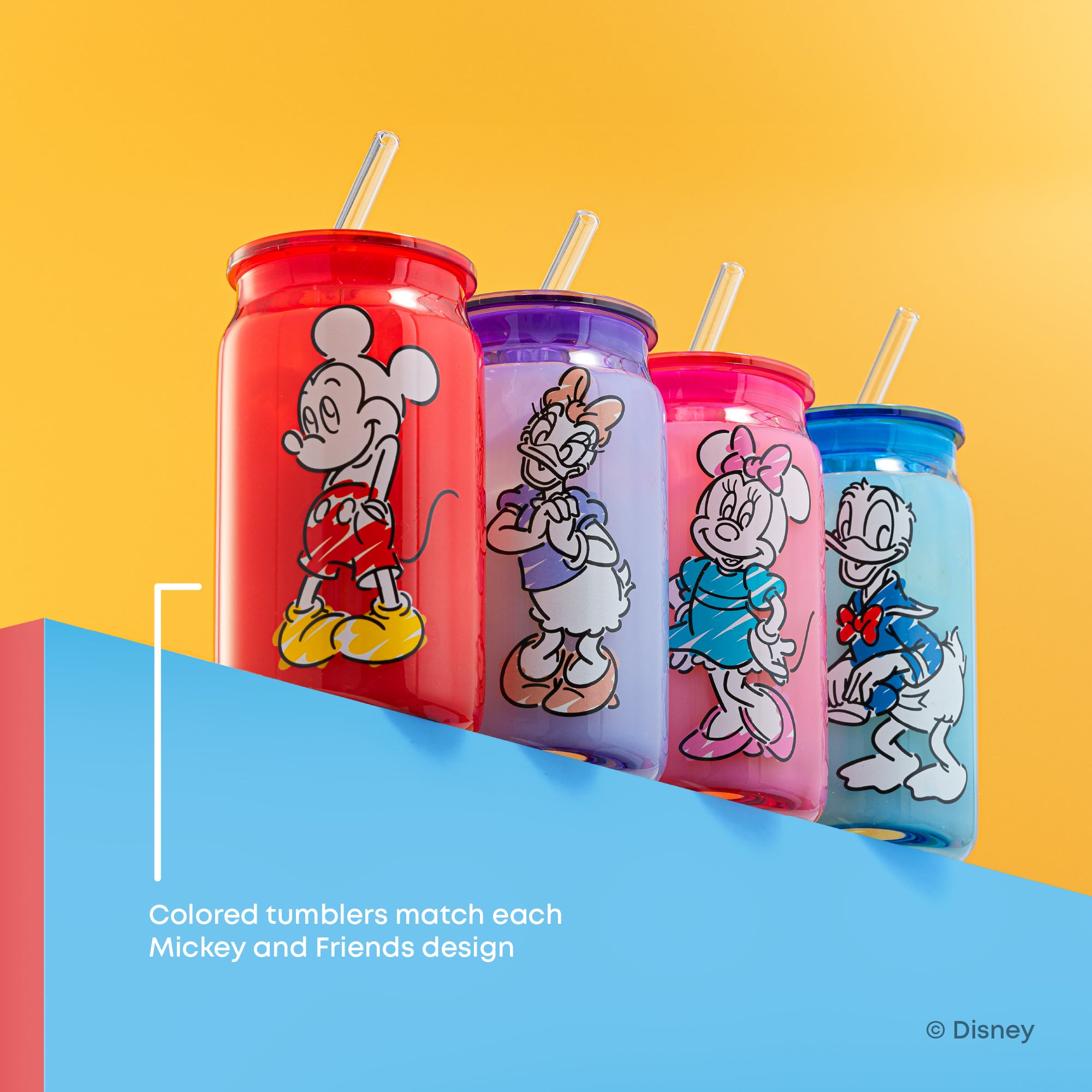 JoyJolt Mickey Mouse Friends Color Sketch gobelets lot de 4 couvercle
