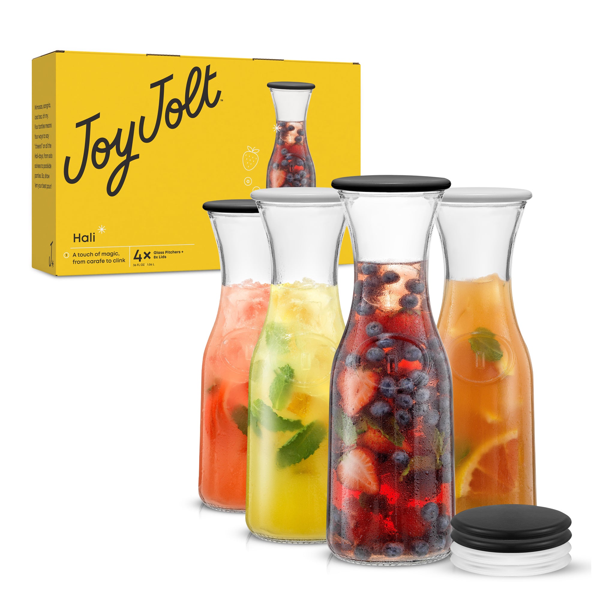 JoyJolt Hali carafe pichet verre 106 cl lot de 4 couvercles
