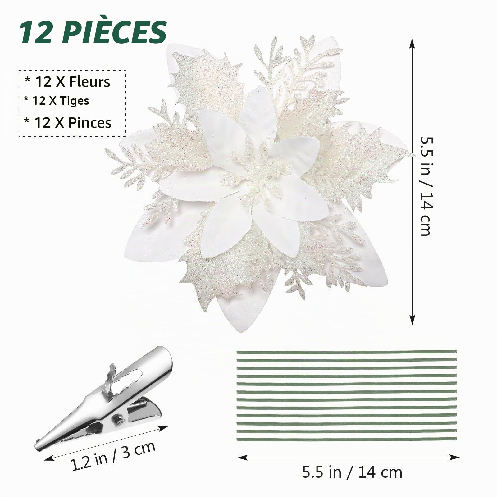 Alipis 12Pcs fleurs artificielles poinsettia blanches 12 pièces paillettes