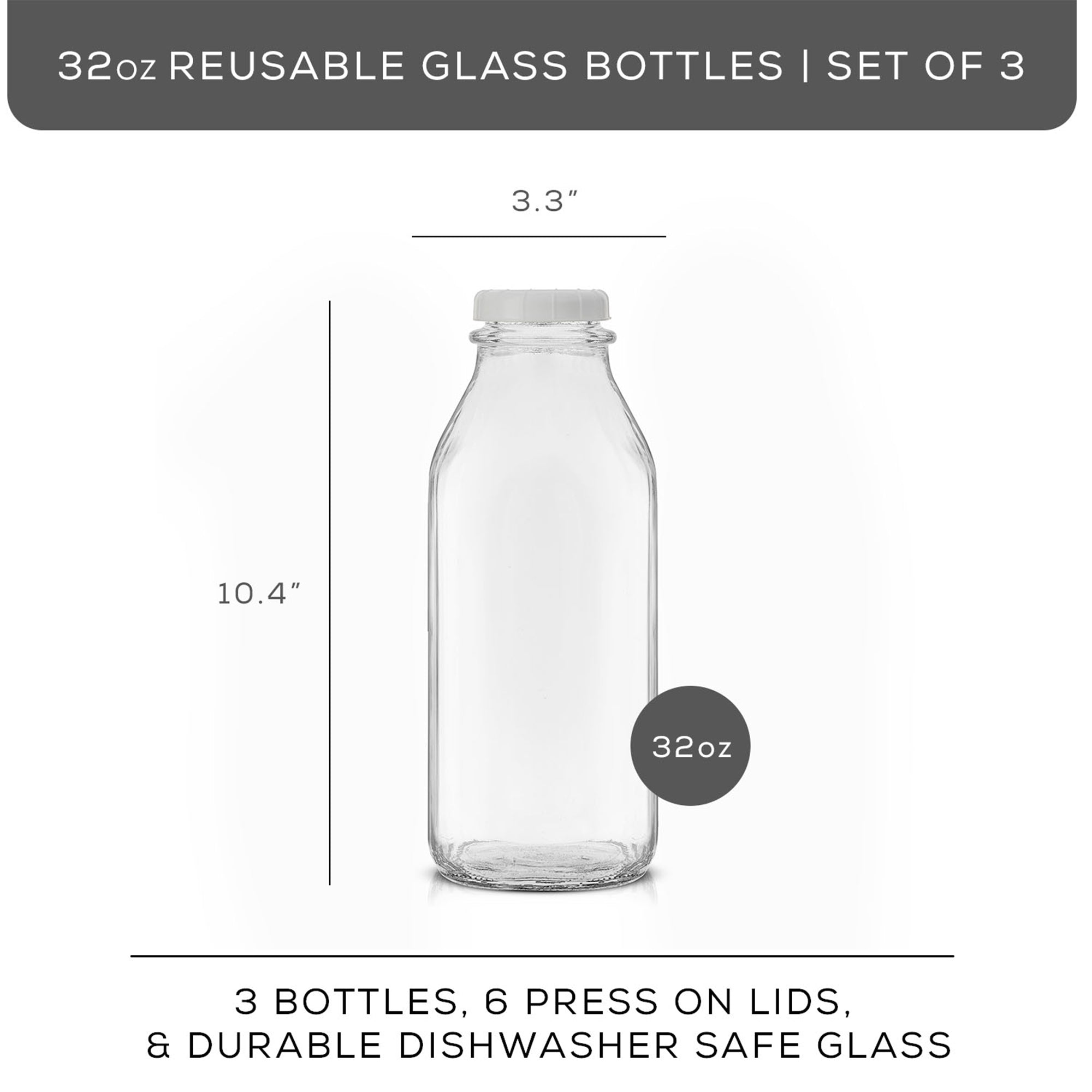 JoyJolt bouteille lait verre 96 cl lot 3 avec bec verseur