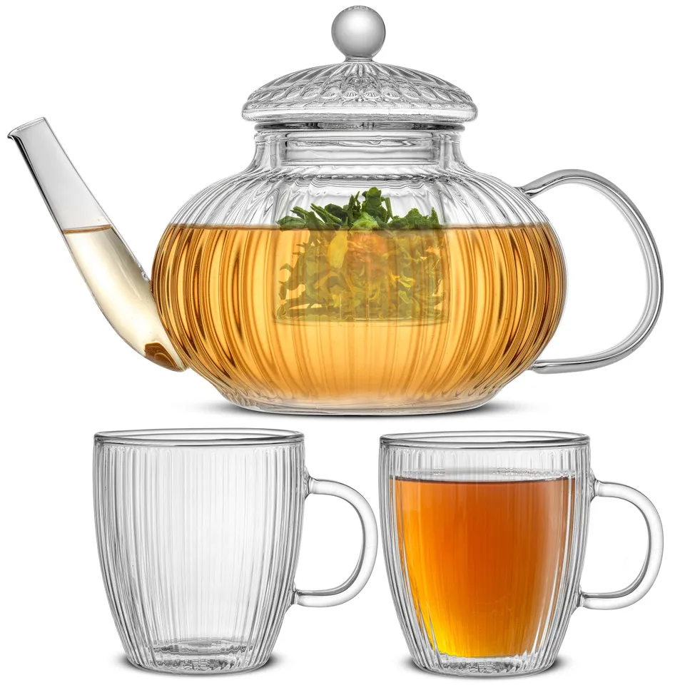 JoyJolt service à thé théière + 2 mugs 13.5 oz verre