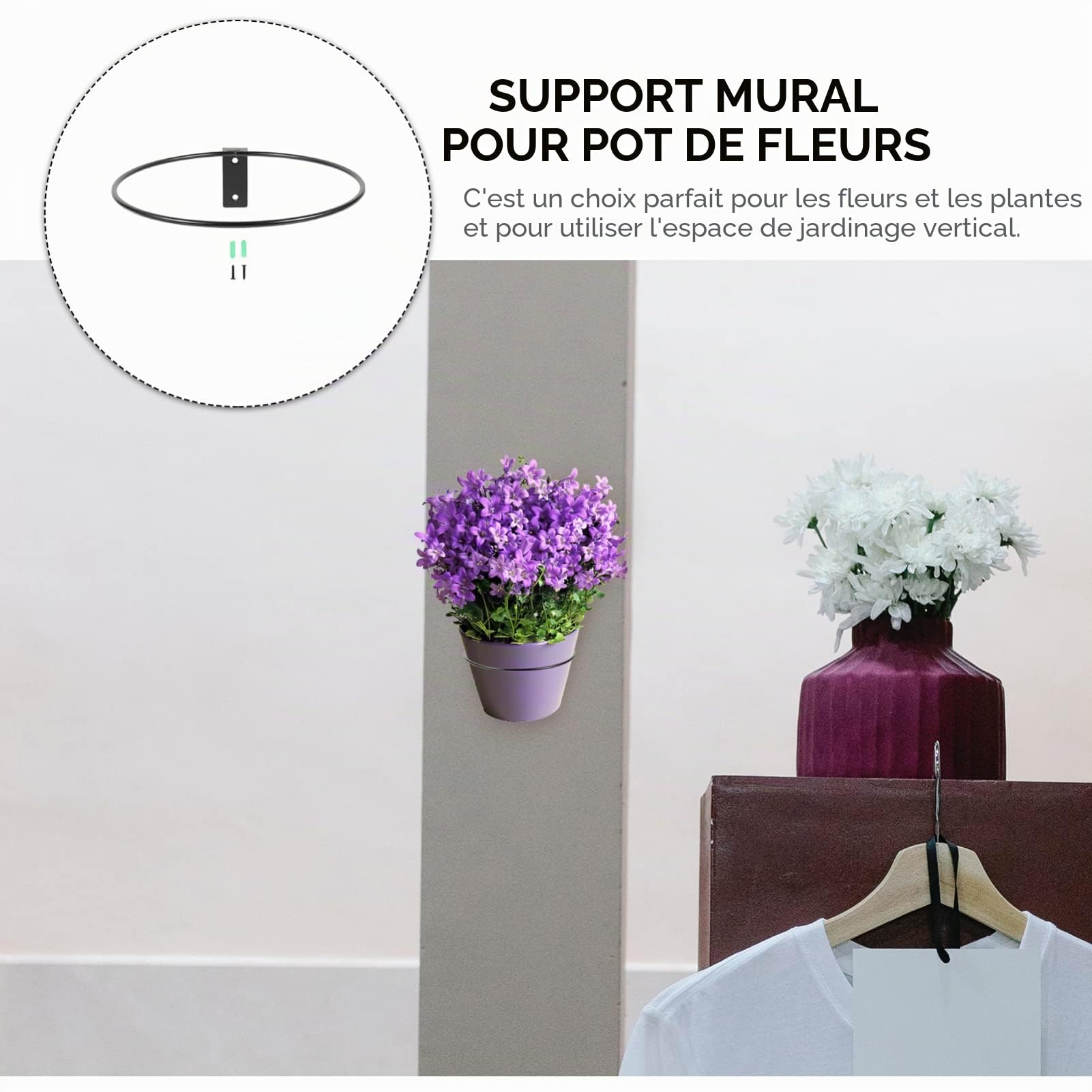 Alipis Support Pot Fleur Mural Métal Noir 20 cm